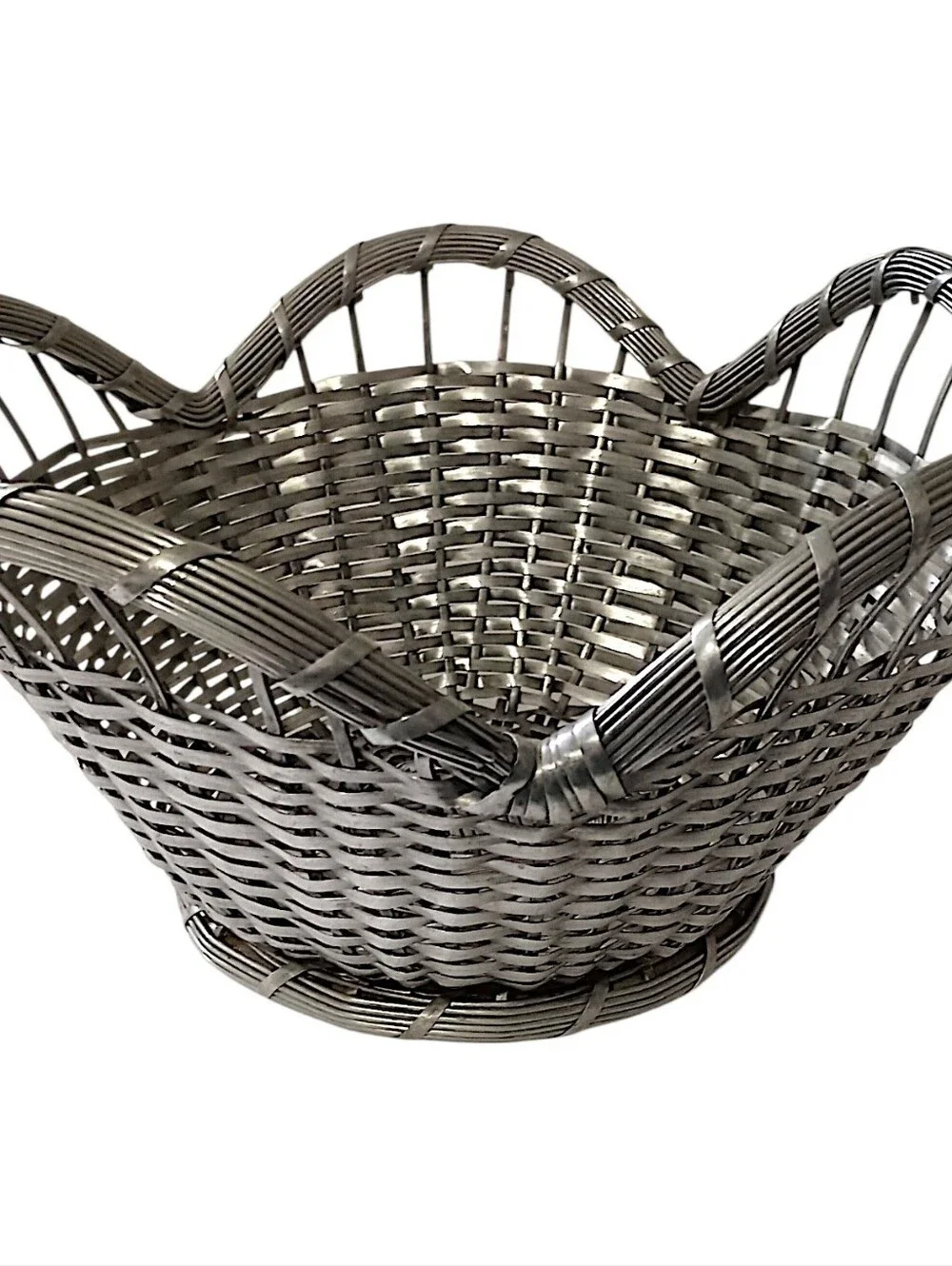 French Woven Wire Basket Vintage Silver Tone Scalloped Edge Farmhouse Country